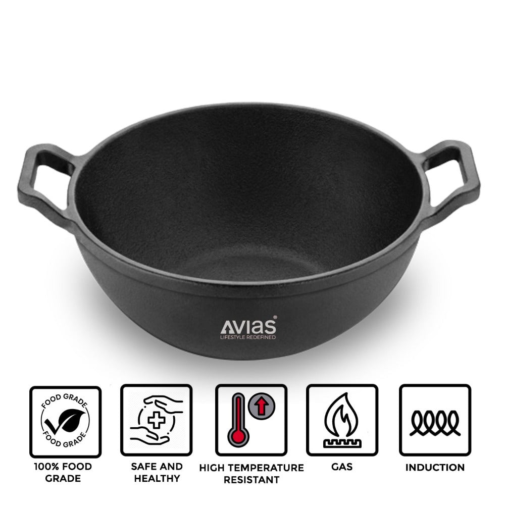 AVIAS Cast Iron Deep Kadhai | Gas & Induction Compatible | Silver | 1 Pc
