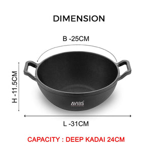 AVIAS Cast Iron Deep Kadhai | Gas & Induction Compatible | Silver | 1 Pc