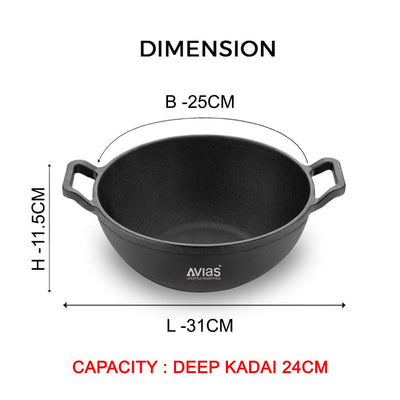 AVIAS Cast Iron Deep Kadhai | Gas & Induction Compatible | Silver | 1 Pc