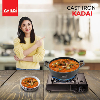 AVIAS Cast Iron Deep Kadhai | Gas & Induction Compatible | Silver | 1 Pc