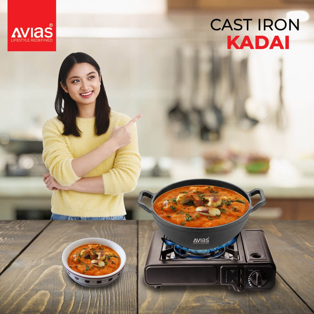 AVIAS Cast Iron Deep Kadhai | Gas & Induction Compatible | Silver | 1 Pc