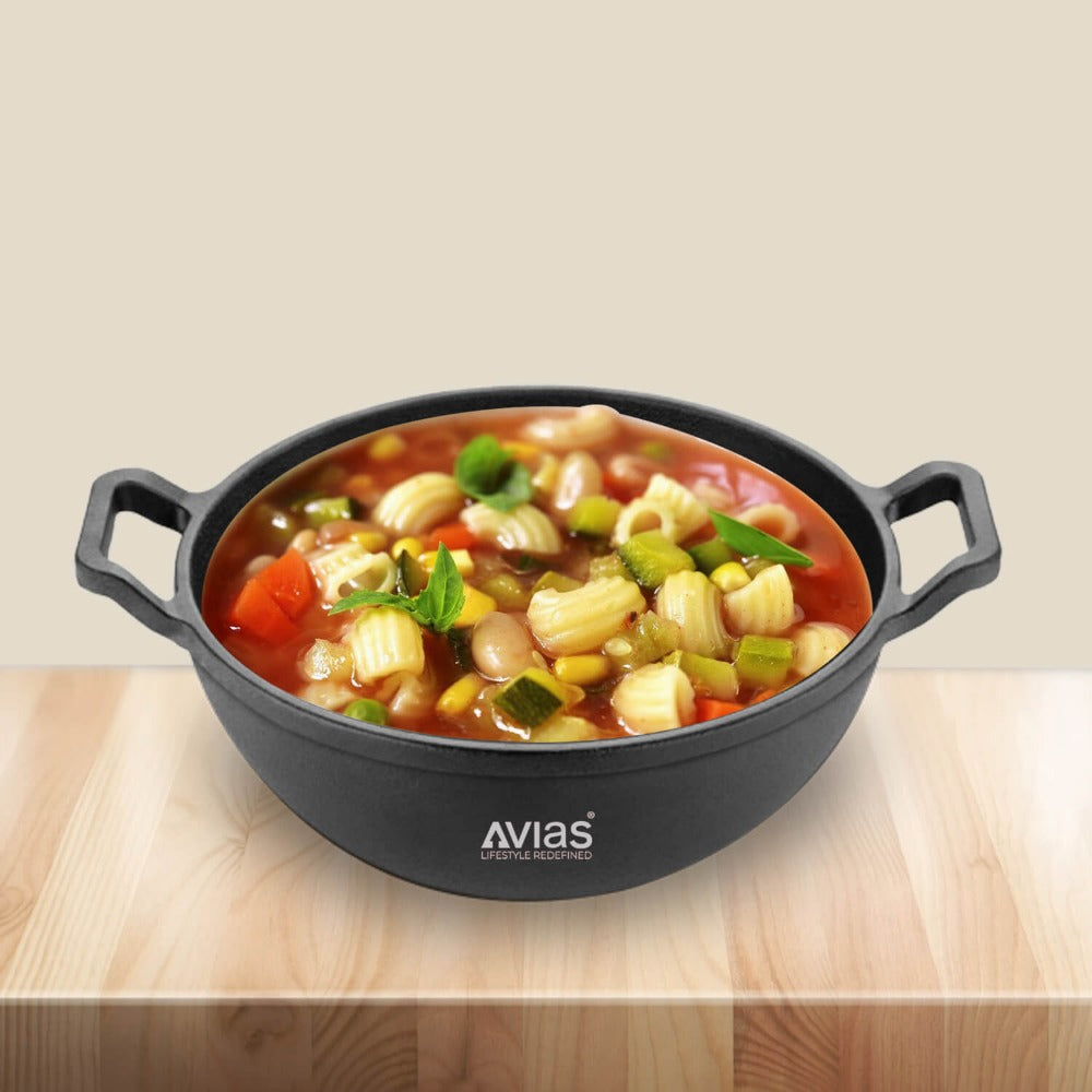 AVIAS Cast Iron Deep Kadhai | Gas & Induction Compatible | Silver | 1 Pc
