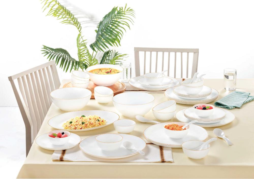 Larah by Borosil Gold Line Kohinoor Series Opalware Dinner Set | Set of 45 Pcs