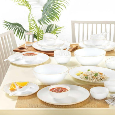 Larah by Borosil Gold Line Kohinoor Series Opalware Dinner Set | Set of 45 Pcs