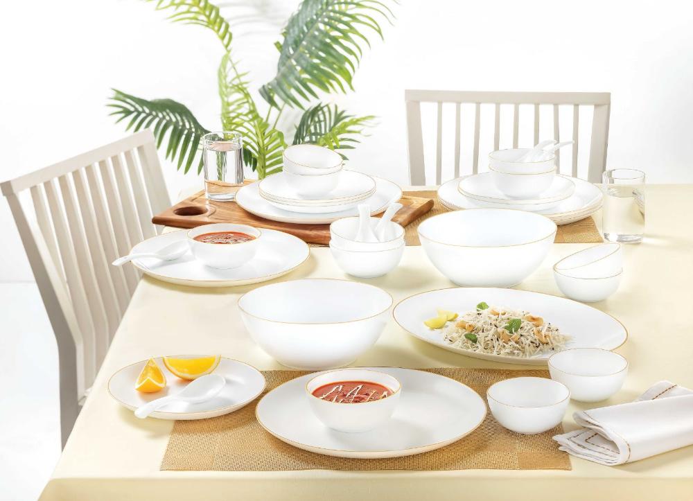 Larah by Borosil Gold Line Kohinoor Series Opalware Dinner Set | Set of 45 Pcs