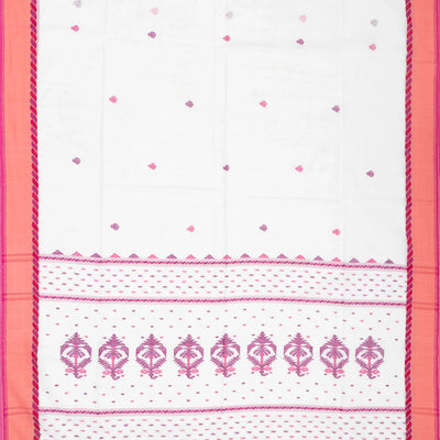 White Handloom Bengal Cotton Saree With Contrast Pink Border