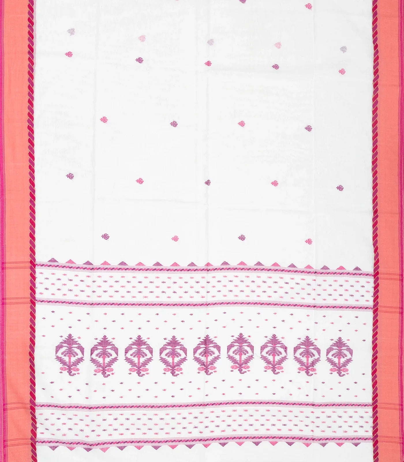 White Handloom Bengal Cotton Saree With Contrast Pink Border