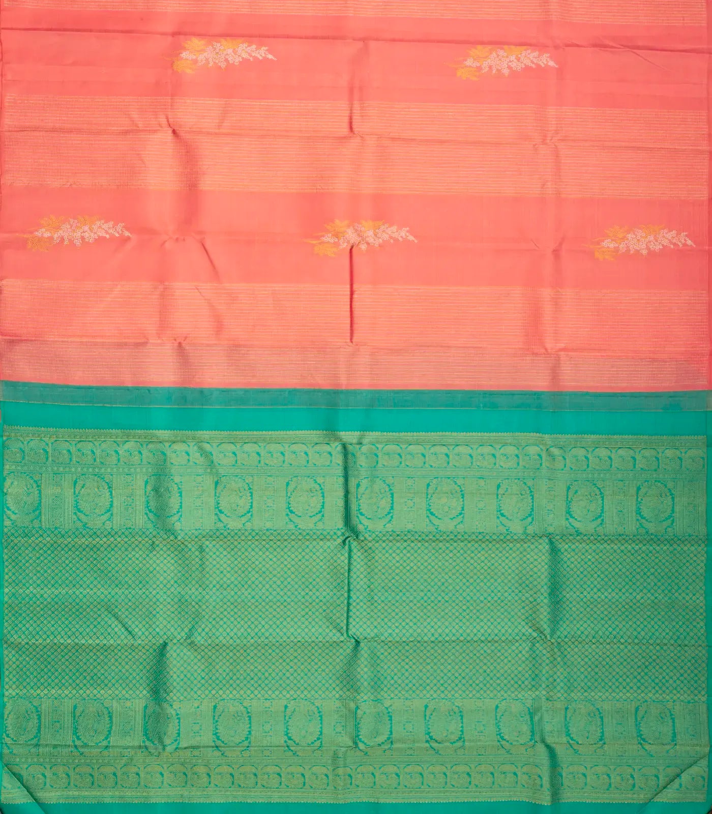 Peach Handloom Kanchipuram Silk Saree With Floral Motifs
