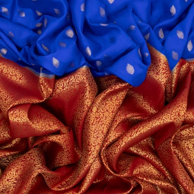 Blue & Crimson Mysore Crepe Half & Half Silk Saree With Floral Motifs