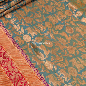 Green Goldfish Dual Tone Animal Motif Katan Banarasi Shikargah Saree