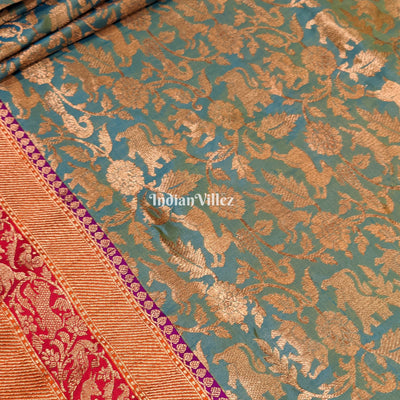 Green Goldfish Dual Tone Animal Motif Katan Banarasi Shikargah Saree