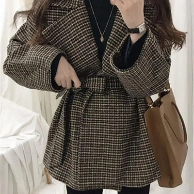 Harriet Plaid Woolen Overcoat with Belt