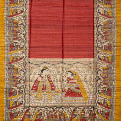 Crimson Handloom Tussar Silk Saree With Printed Wedding Motifs