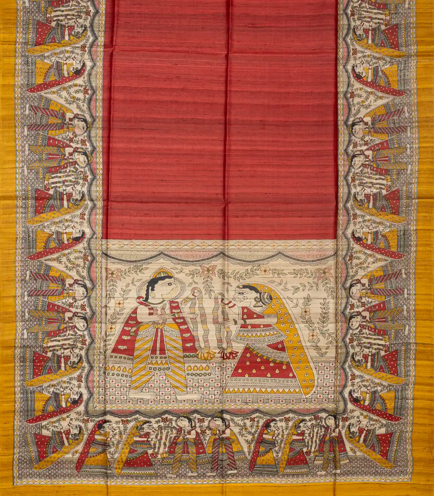 Crimson Handloom Tussar Silk Saree With Printed Wedding Motifs