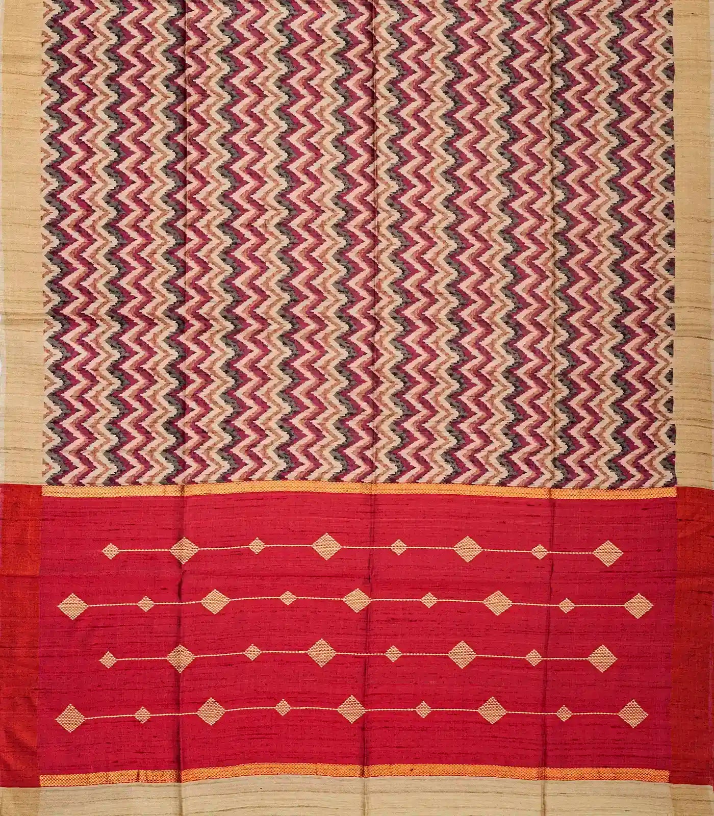 Pink Handwoven Tussar Silk Saree With Printed Chevron Motifs