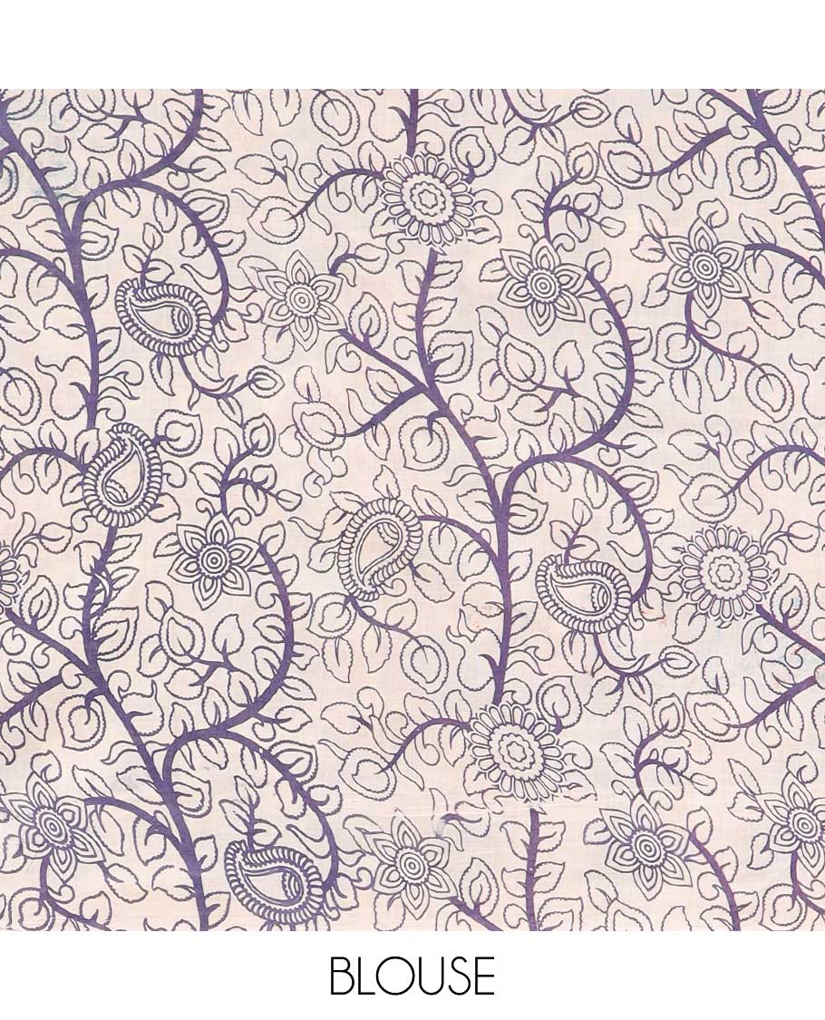 Blue floral machine-printed kalamkari cotton saree, contrast floral border & peacock pallu
