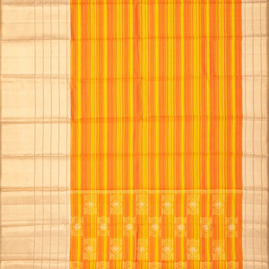 Orange & Yellow Handloom Kanchipuram Silk Saree Korvai With Stripes