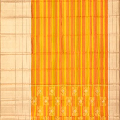 Orange & Yellow Handloom Kanchipuram Silk Saree Korvai With Stripes