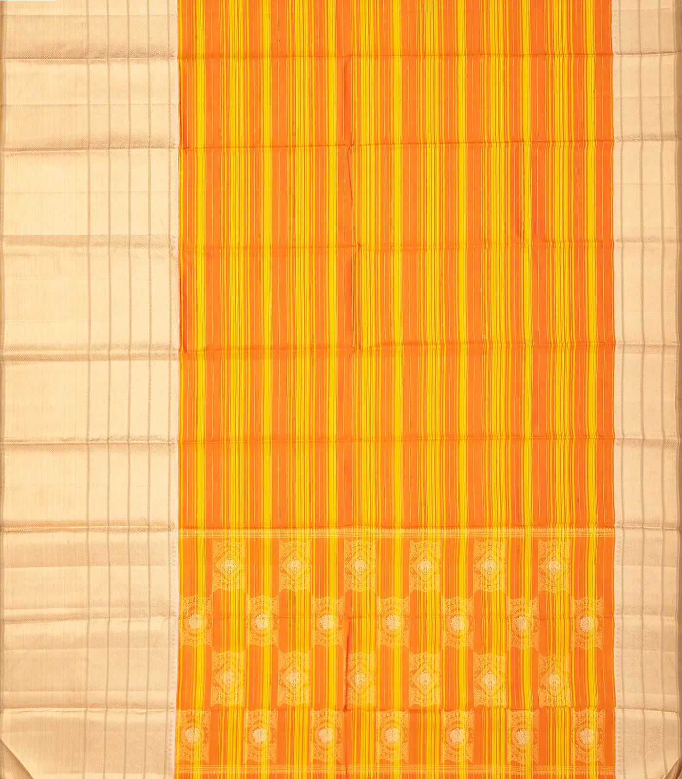 Orange & Yellow Handloom Kanchipuram Silk Saree Korvai With Stripes
