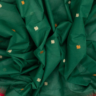 Dark Green Handloom Korvai Kanchi Cotton Saree With Annam Buttas