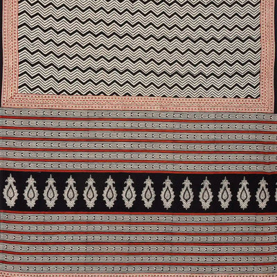 Black Woven Jaipur Cotton Saree Printed With Cream Chevron Motifs