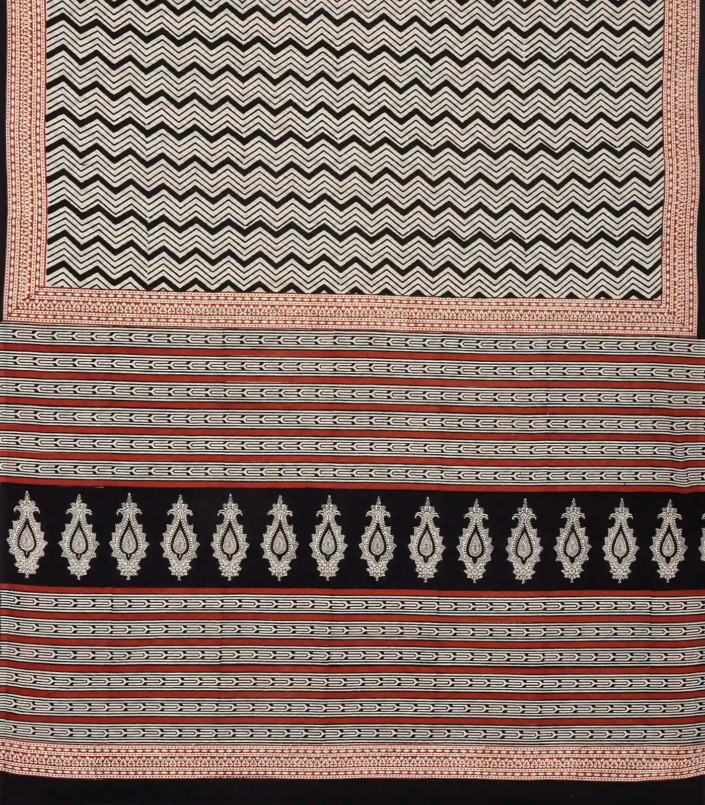 Black Woven Jaipur Cotton Saree Printed With Cream Chevron Motifs