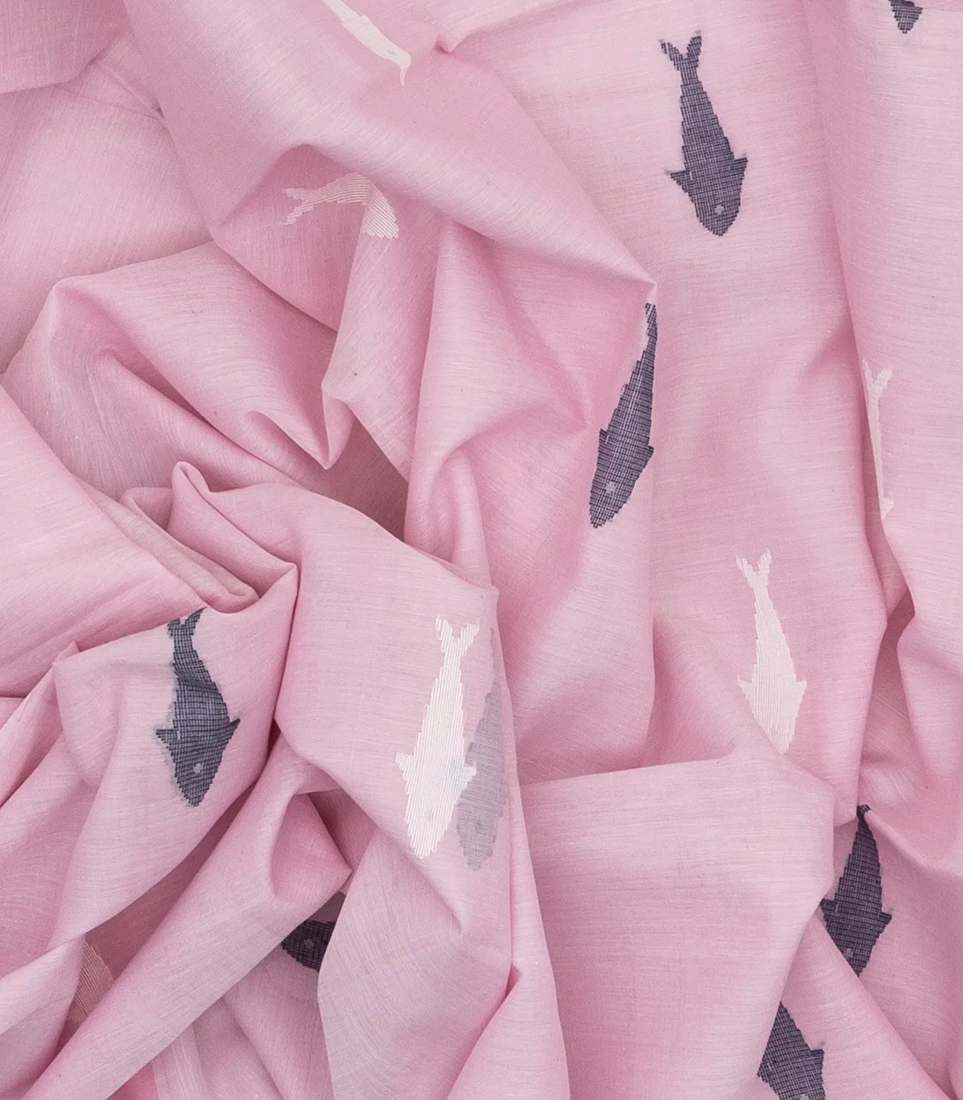 Baby Pink Handloom Bengal Cotton Saree With Fish Motifs