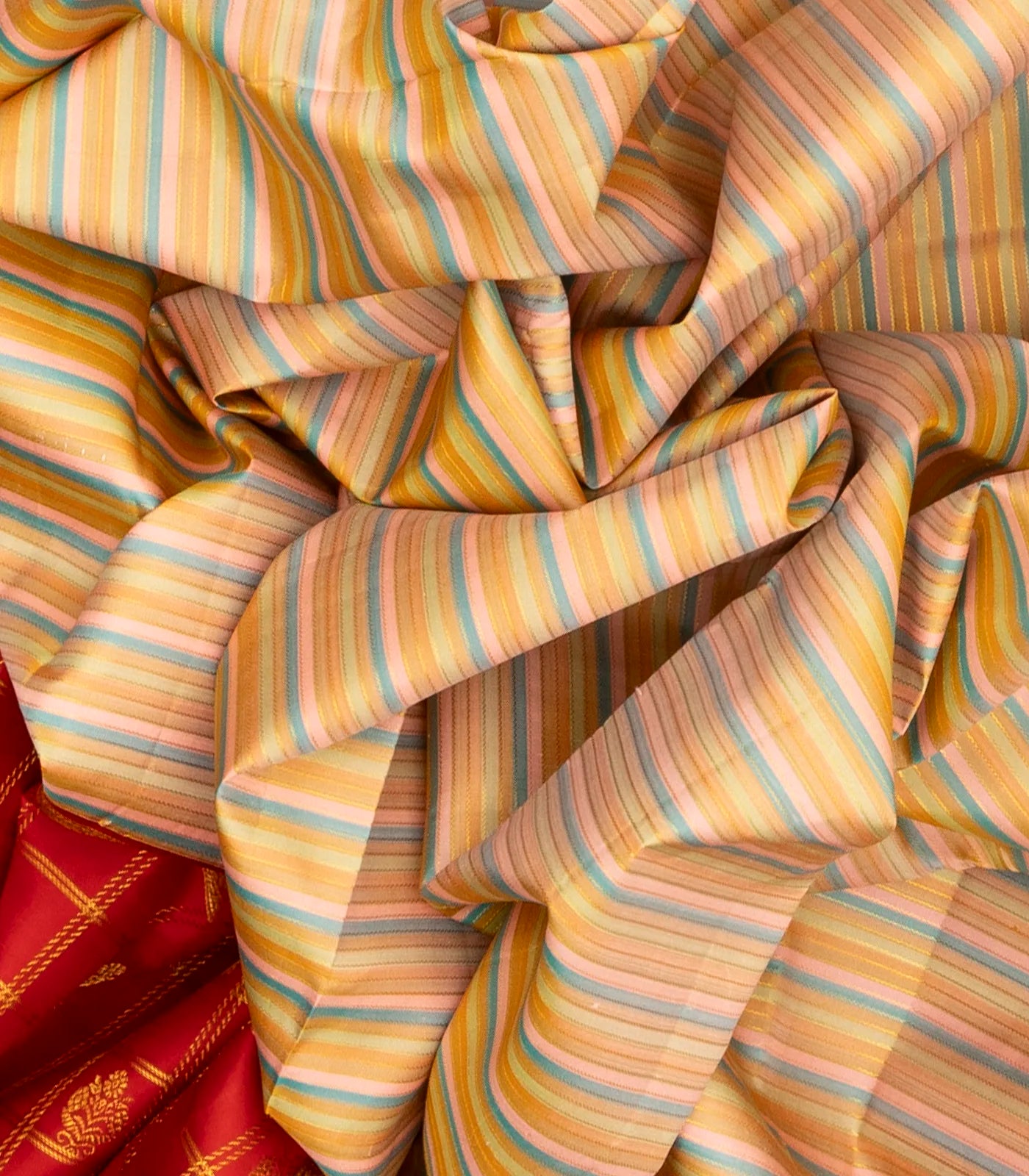 Multi Color Handloom Kanchipuram Korvai Silk Saree With Stripes