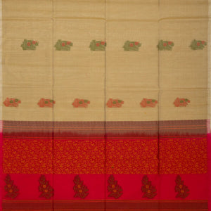 Taupe Handloom Kora Silk Cotton Saree With Buttas & Pink Pallu