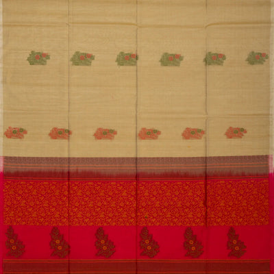 Taupe Handloom Kora Silk Cotton Saree With Buttas & Pink Pallu