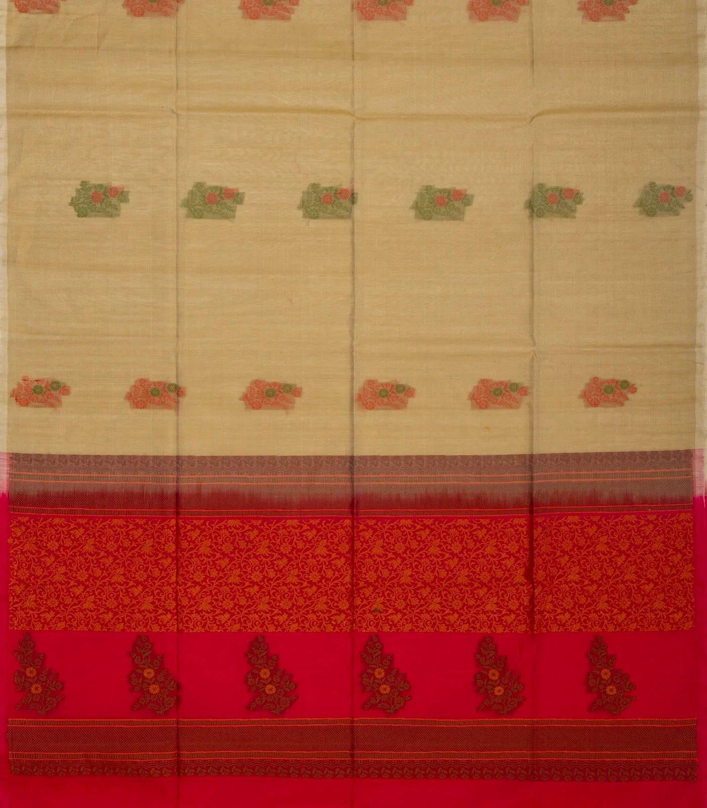 Taupe Handloom Kora Silk Cotton Saree With Buttas & Pink Pallu