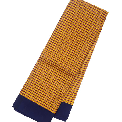 Mustard Silk Saree With Checks & Navy Blue Border