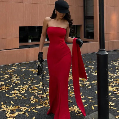 Alamea Offshoulder Statement Dress with Scarf in Red
