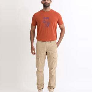 Rare Rabbit Men's Cidar Beige Mid-Rise Regular Fit Cargo Style Stretch Trouser