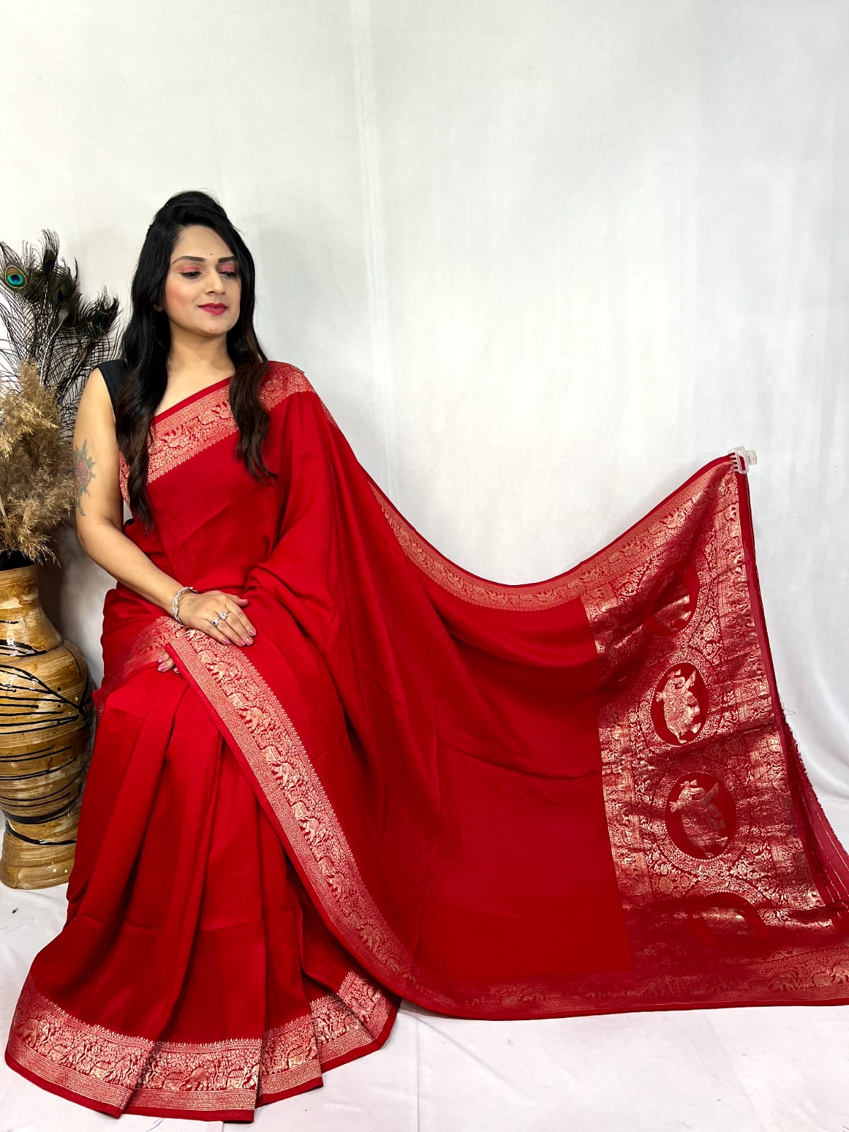 Dola Silk Golden Zari Border Saree