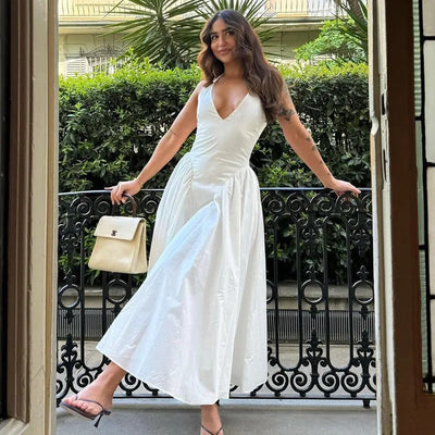 Maira Drop Waist Midi Dress in White
