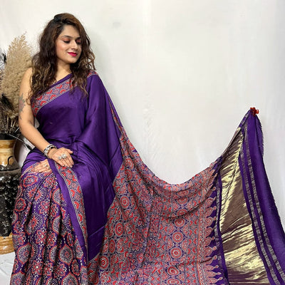 Modal fine Silk Hand Blocked Ajrakh work Saree