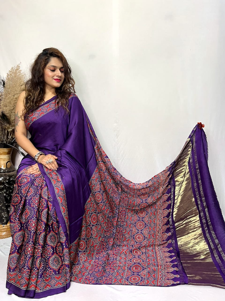 Modal fine Silk Hand Blocked Ajrakh work Saree