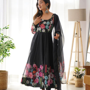 Organza Silk Hand Work Anarkali Kurti Dupatta Pant Set ( Ready to Wear)