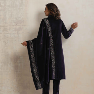 trueBrowns Purple Velvet Embroidered Kurta Pant Dupatta Set