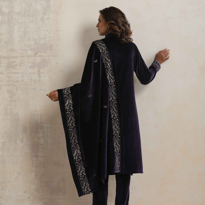 trueBrowns Purple Velvet Embroidered Kurta Pant Dupatta Set