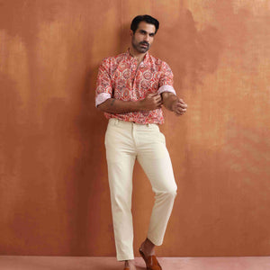 trueBrowns Men's Beige Printed Short Kurta
