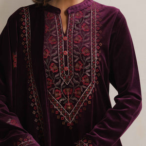 trueBrowns Purple Velvet Floral Embroidered Kurta Pant Dupatta Set
