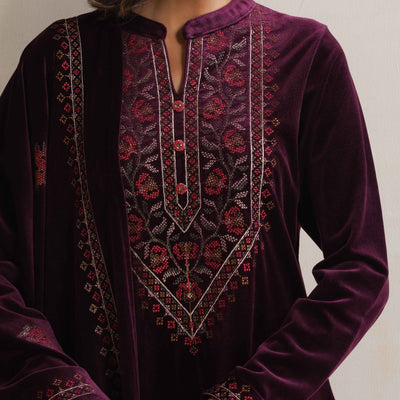 trueBrowns Purple Velvet Floral Embroidered Kurta Pant Dupatta Set