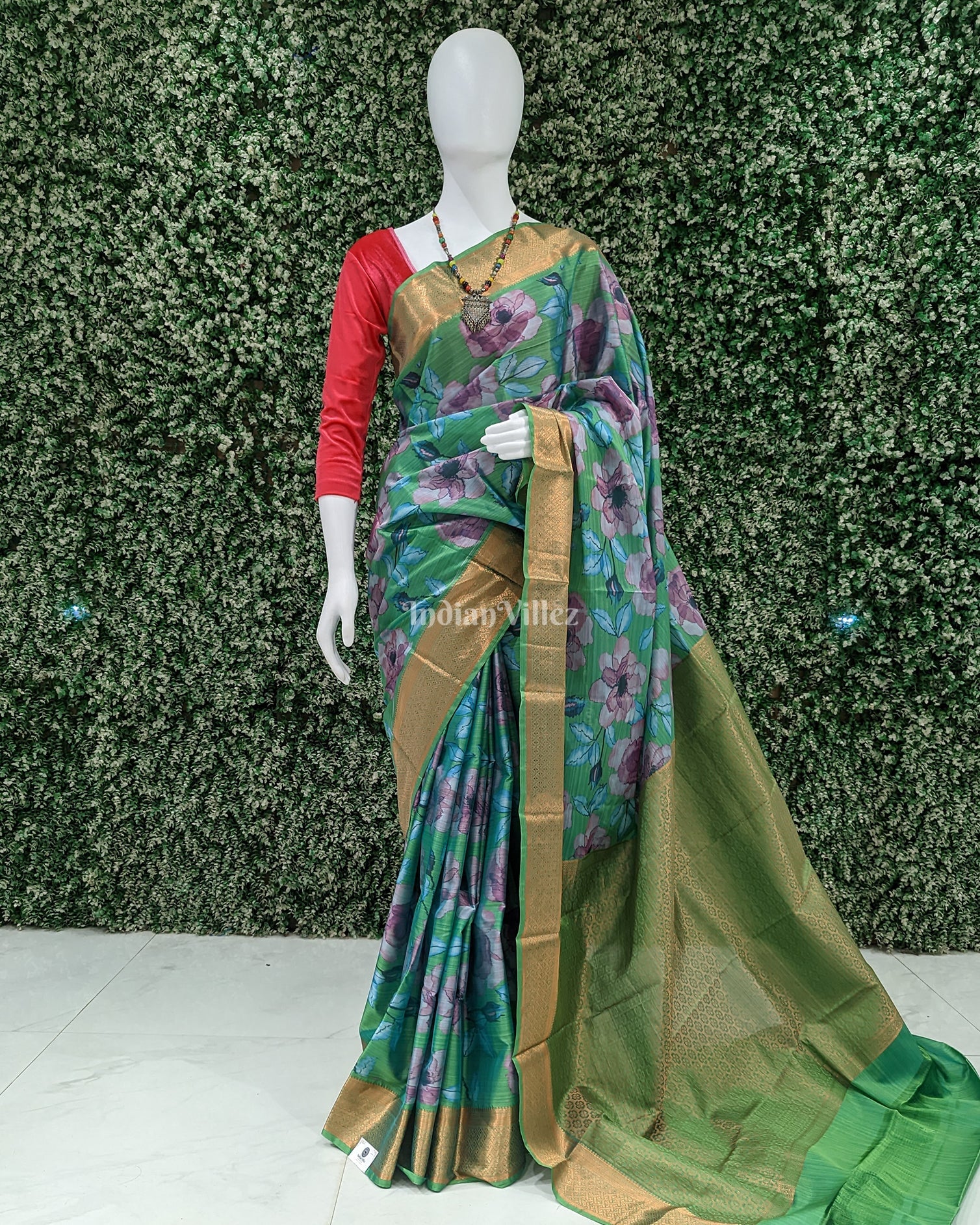 Green Floral Digital Print Kanjivaram Silk Saree