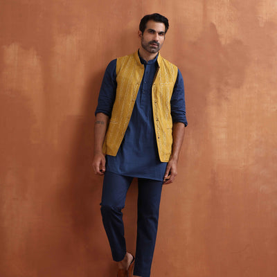 trueBrowns Men's Mustard Cotton Dobby Reversible Nehru Jacket