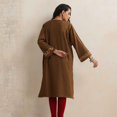 trueBrowns Brown Kashmiri Floral Embroidered Woollen Phiran Kurta