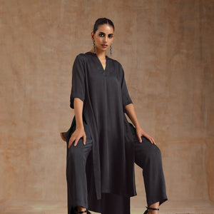 Grey Modal Satin High-Low Relax Kurta Set | Relove