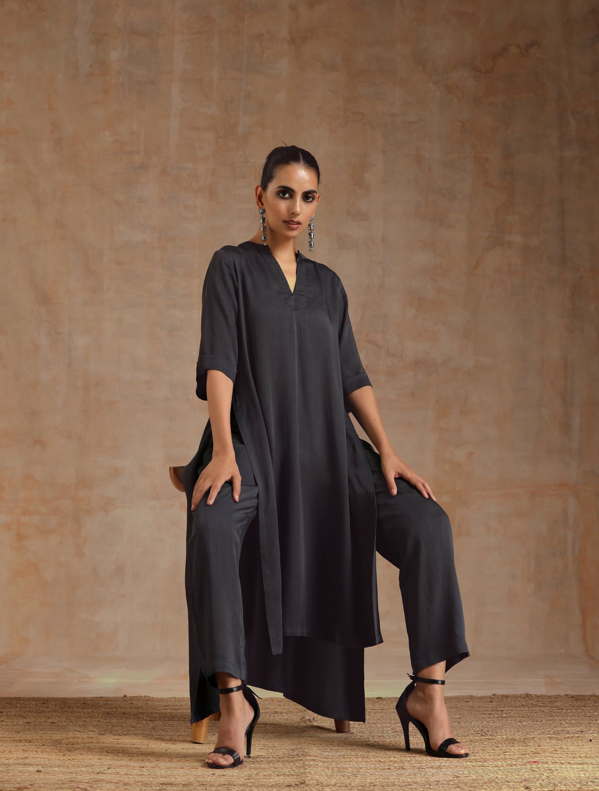 Grey Modal Satin High-Low Relax Kurta Set | Relove