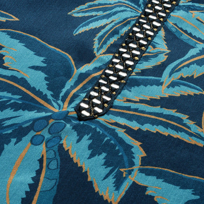 Navy Blue Floral Printed Beads And Stones Straight Kurta With Trousers & Dupatta
